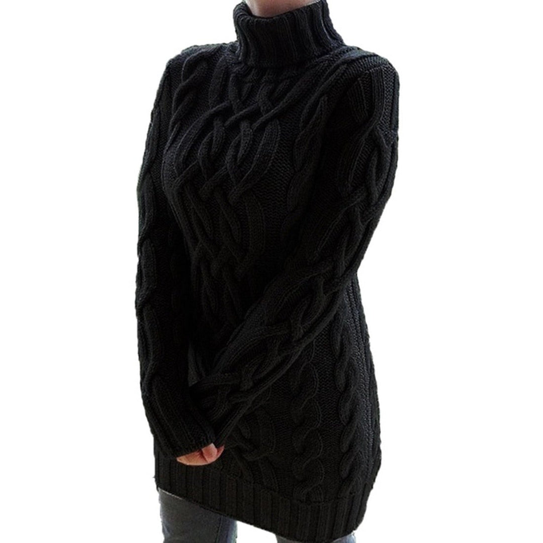 Langer Strickpullover mit Zopfmuster und Rollkragen für Damen