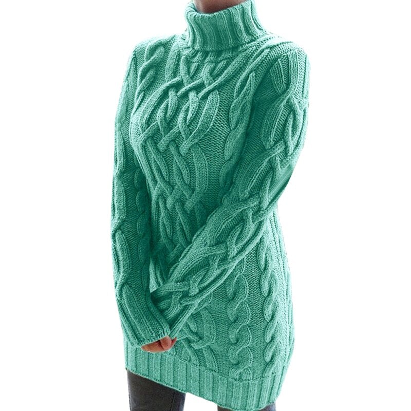 Langer Strickpullover mit Zopfmuster und Rollkragen für Damen