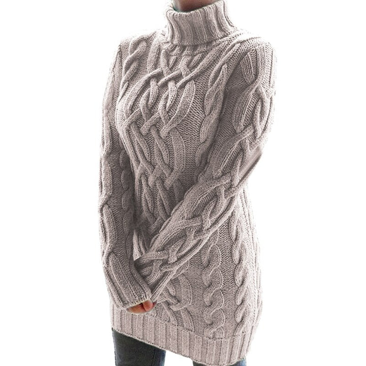 Langer Strickpullover mit Zopfmuster und Rollkragen für Damen